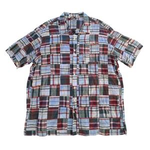 LL Bean Mens XXL Tall Patchwork Madras Plaid Short Sleeve Button Down Shirt Red